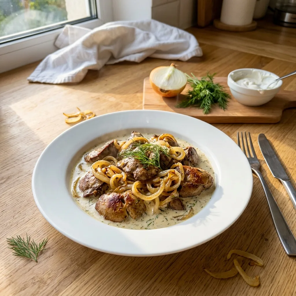 Куриная печень в сметане с луком