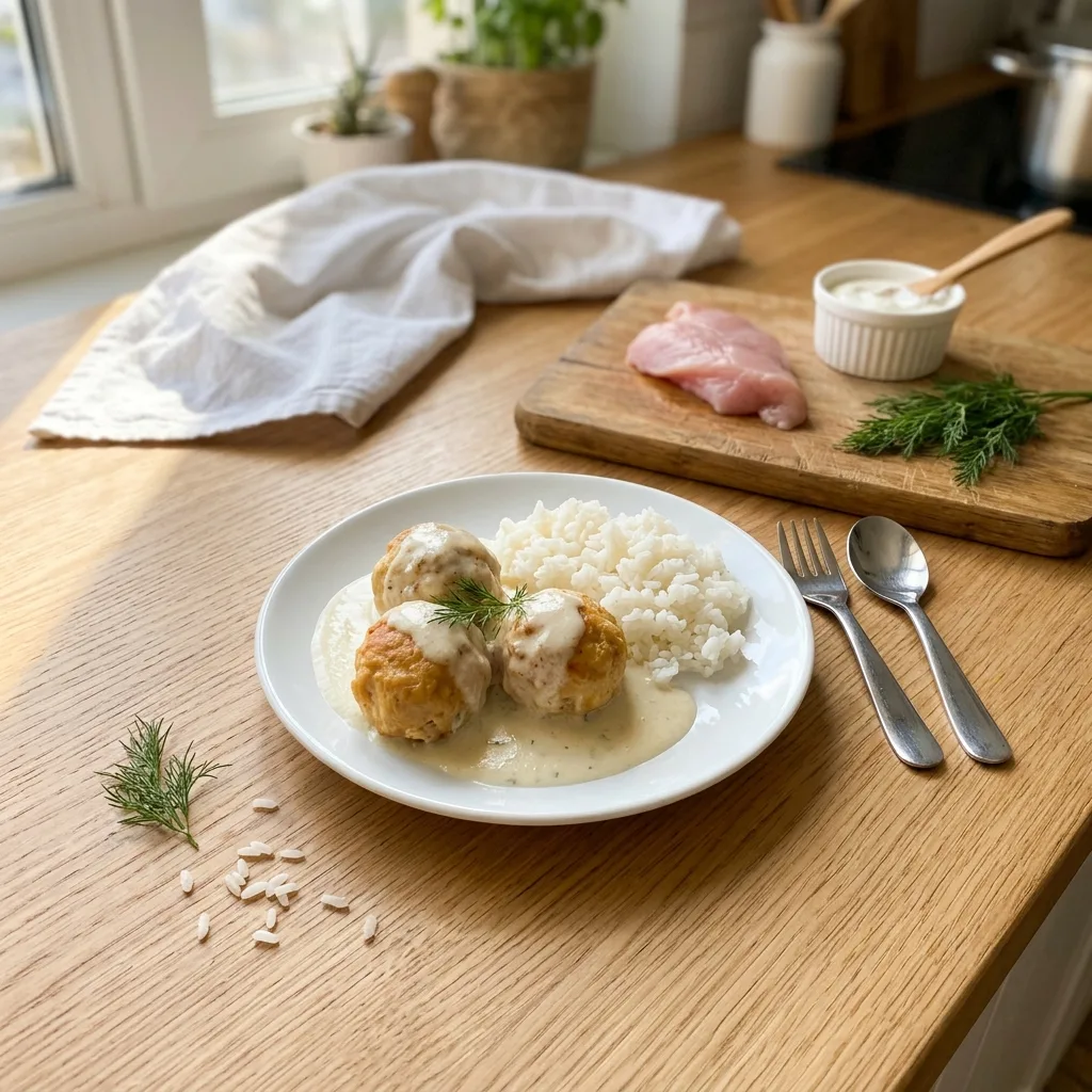 Тефтели из индейки в сливочном соусе с рисом для детей 2–3 лет