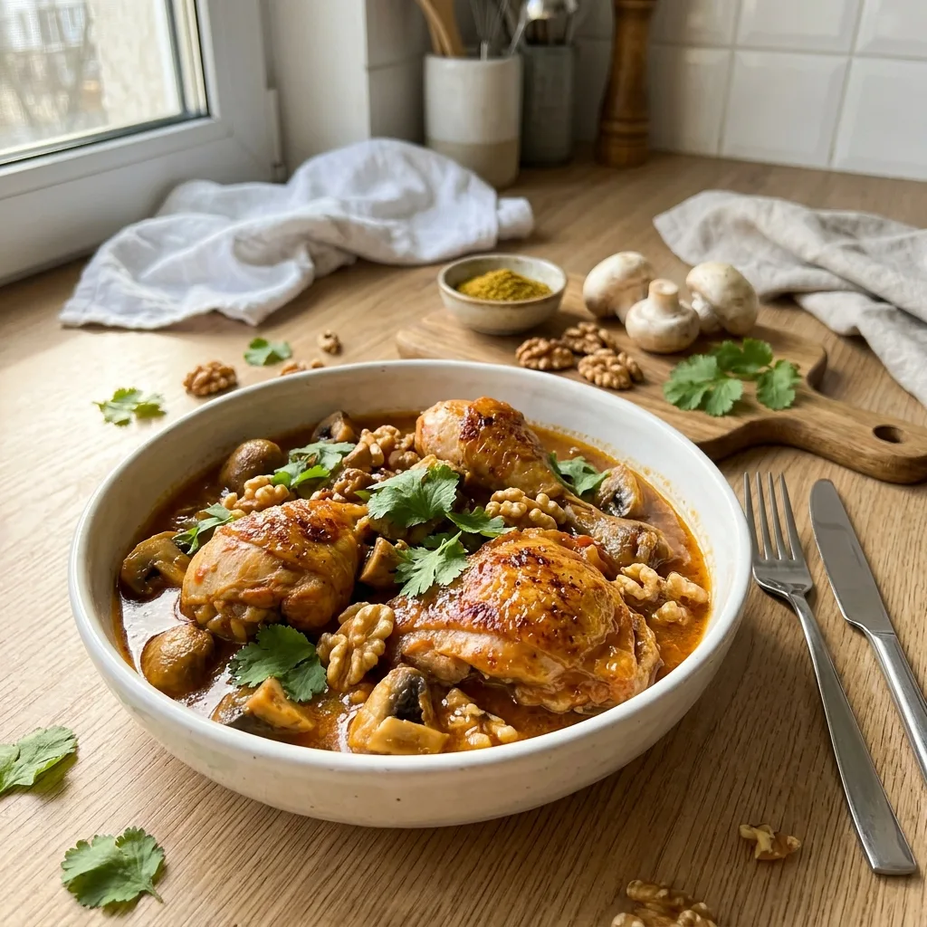 Чахохбили с курицей, грибами и грецкими орехами